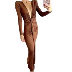 Brown Long-Sleeve Ruched Knot Front Maxi Dress Glitter Accents Deep V Neck SZ M